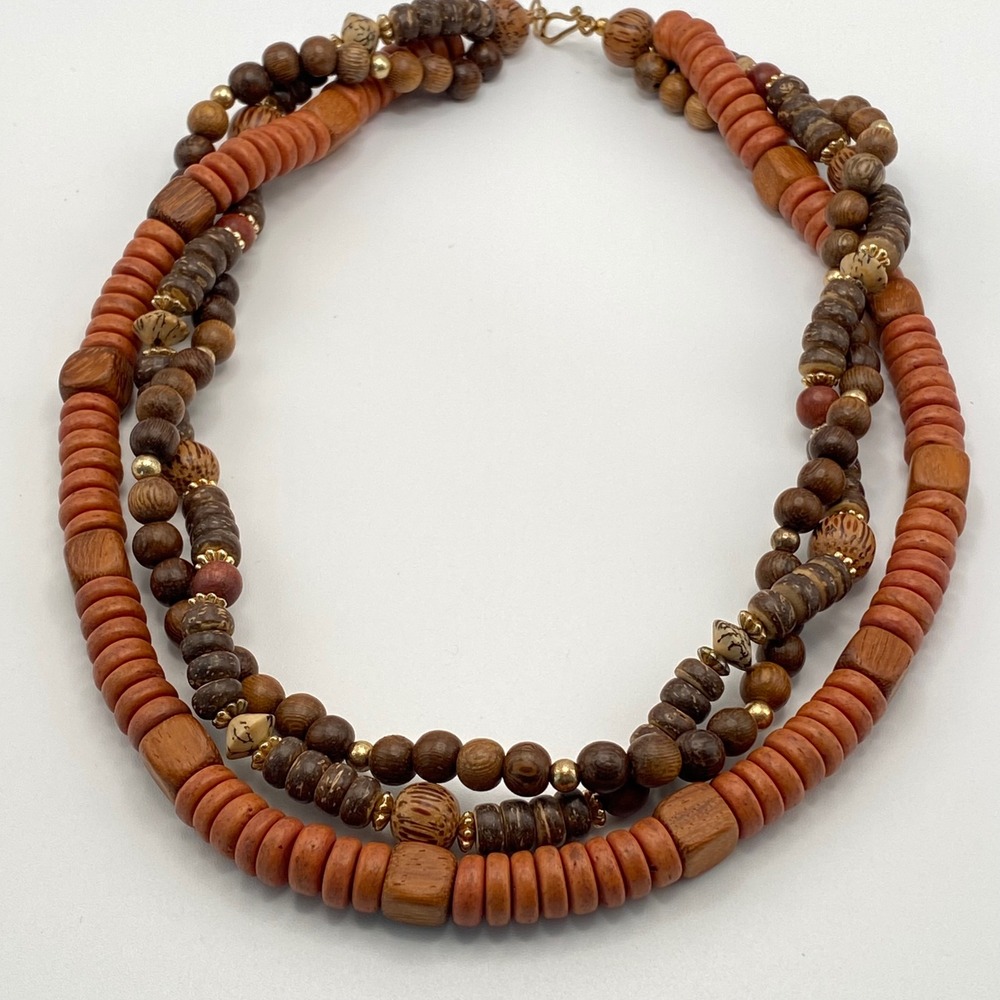 Unsigned Necklace Multi Strand Statement Wood Boho Earthy Brown Orange 20"